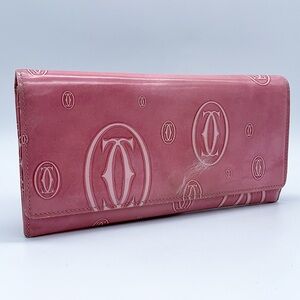 Cartier Embossed Logo Long Wallet in Pink Patent Leather. AUTHENTIC